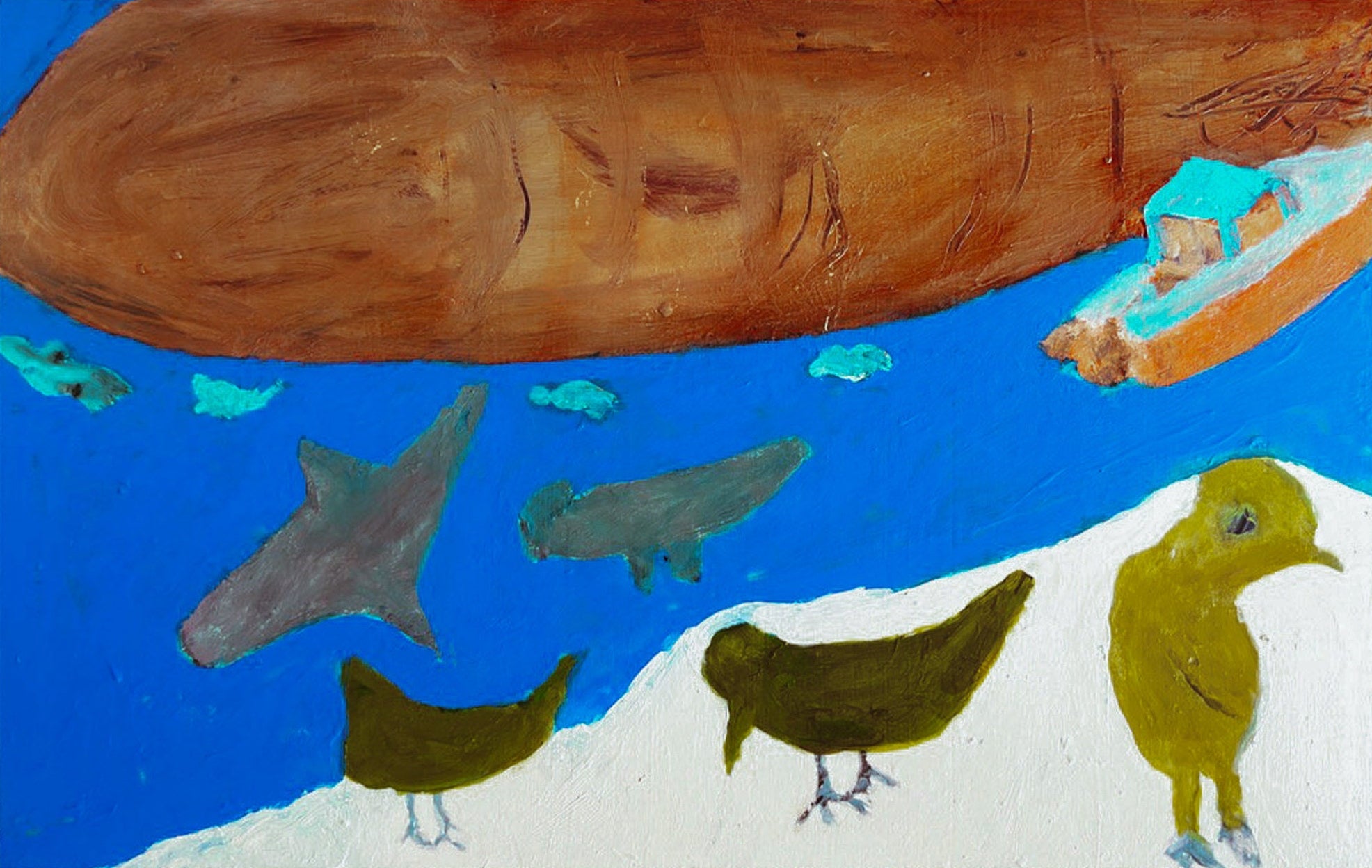 Michael Rosenthal, Whale Watch, painting, carved whale dark green birds and turquoise fish in bold folk art style