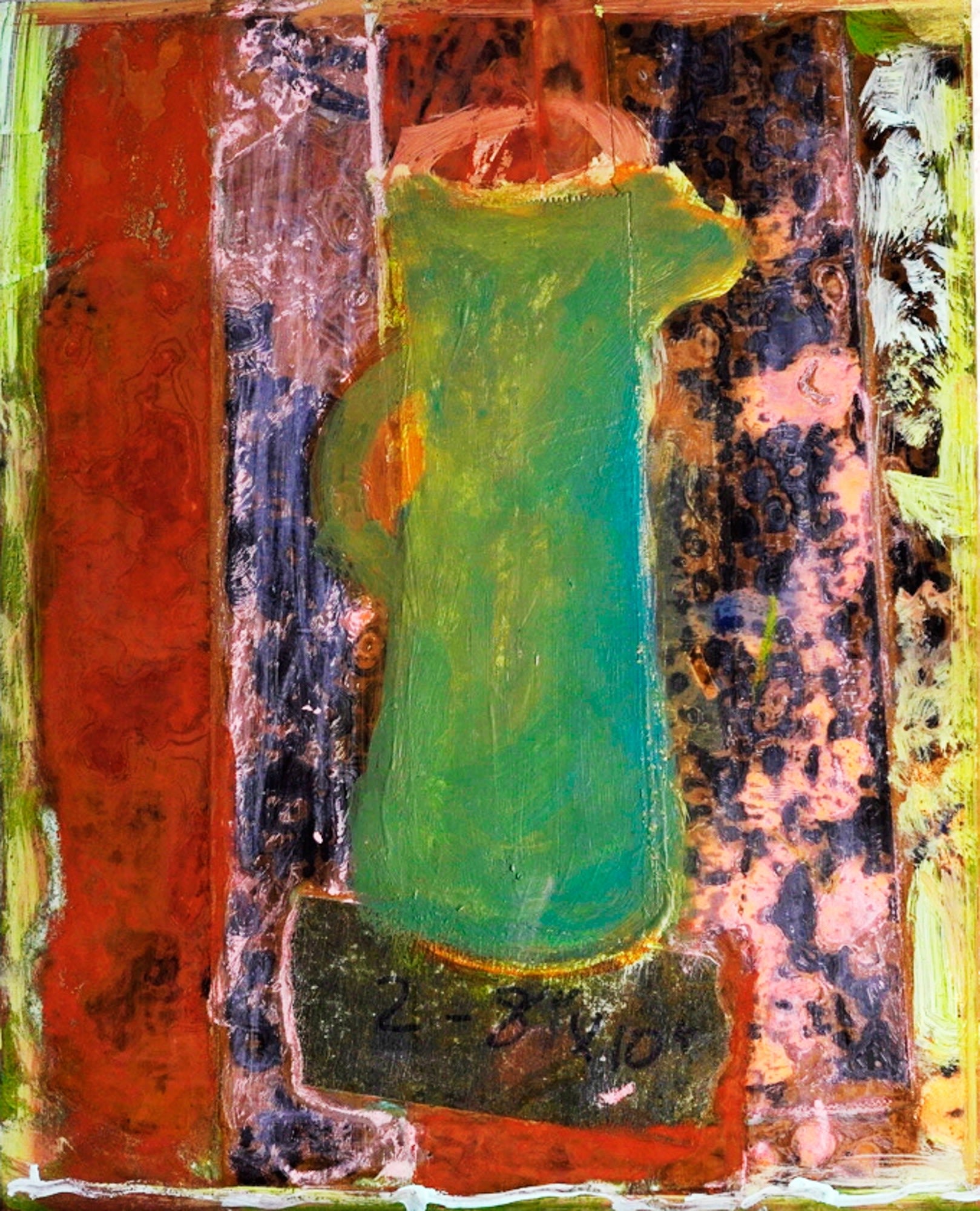 Michael Rosenthal, Green Pitcher on Copper, painting, green pitcher on copper surface in warm earth tones