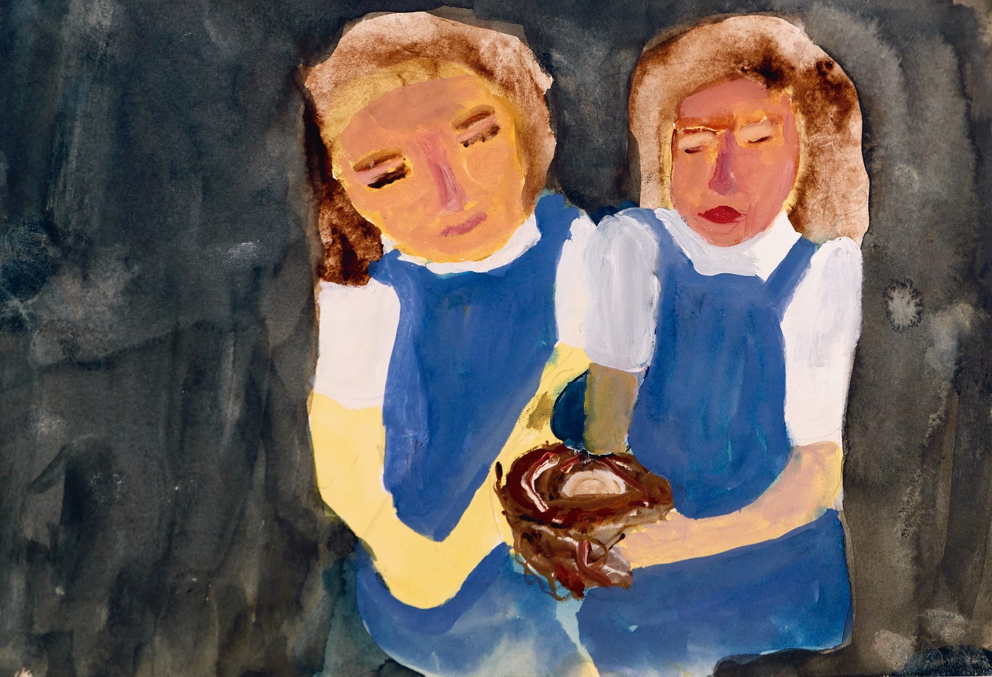 Michael Rosenthal, Baby Bird, watercolor on paper, two girls in blue dresses one holding a birds nest against grey and indigo wash