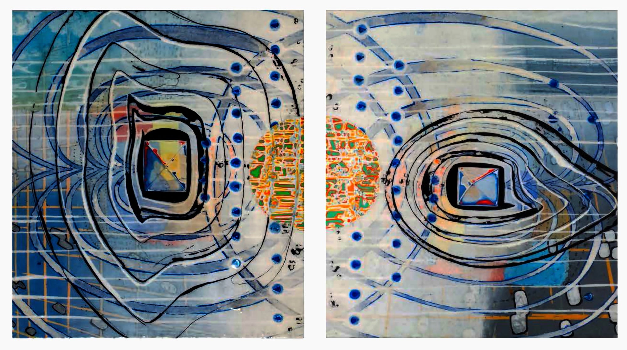 Sarah Walker, Attractor II Diptych, painting, two-panel abstract composition