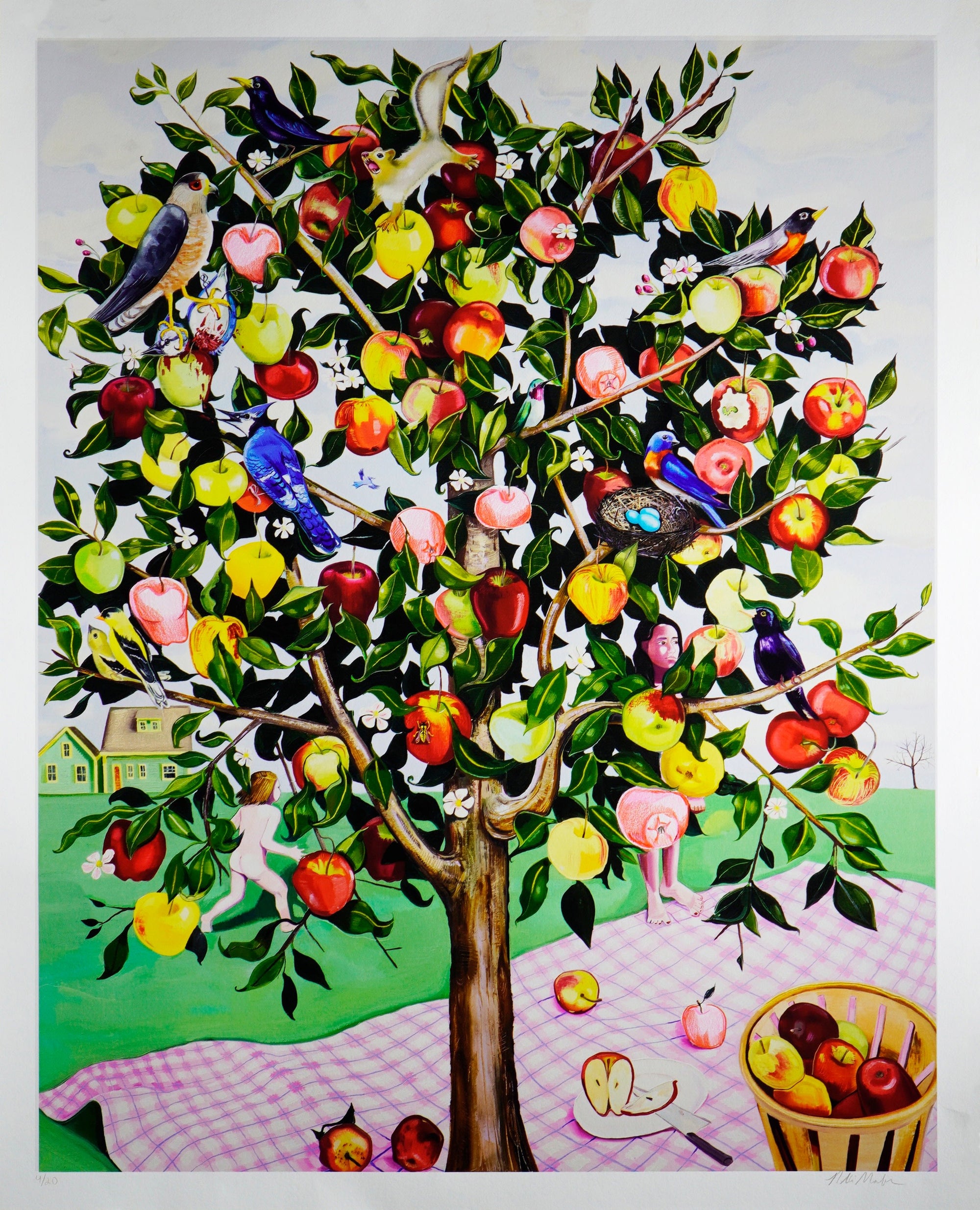 Nikki Maloof, Apple Tree, limited edition print, fruit-laden tree with birds nest and checkered picnic blanket in saturated color