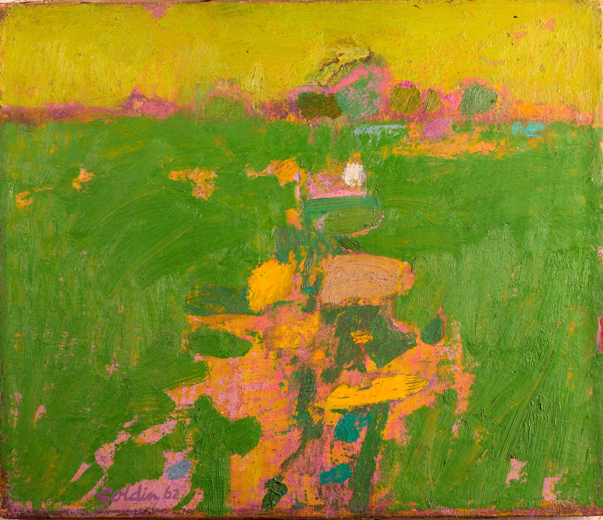 Leon Golden, Green Field, oil on canvas, abstract green landscape