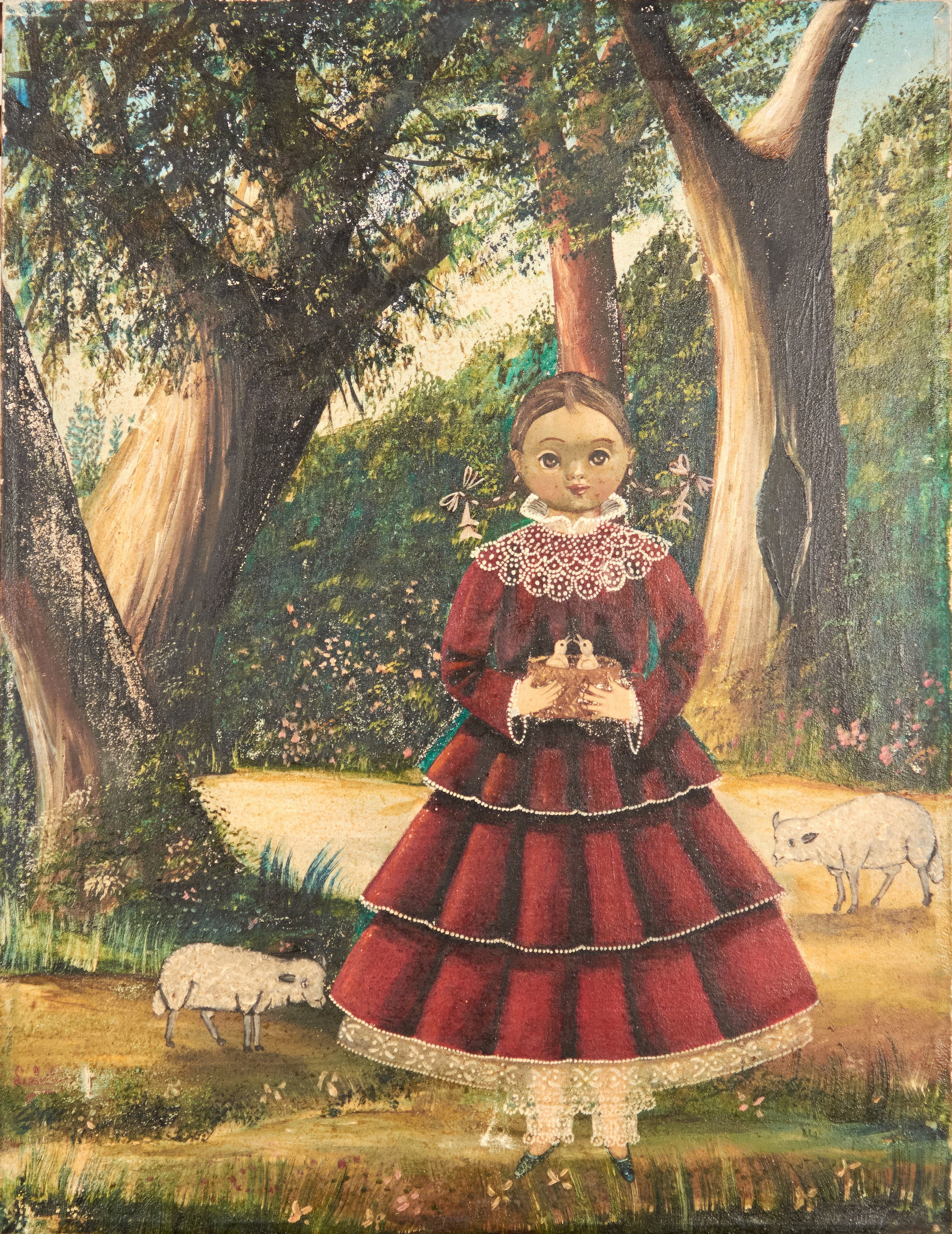 Agapito Labios, Quinceanera, oil on canvas, portrait of young girl in white dress in Mexican folk tradition
