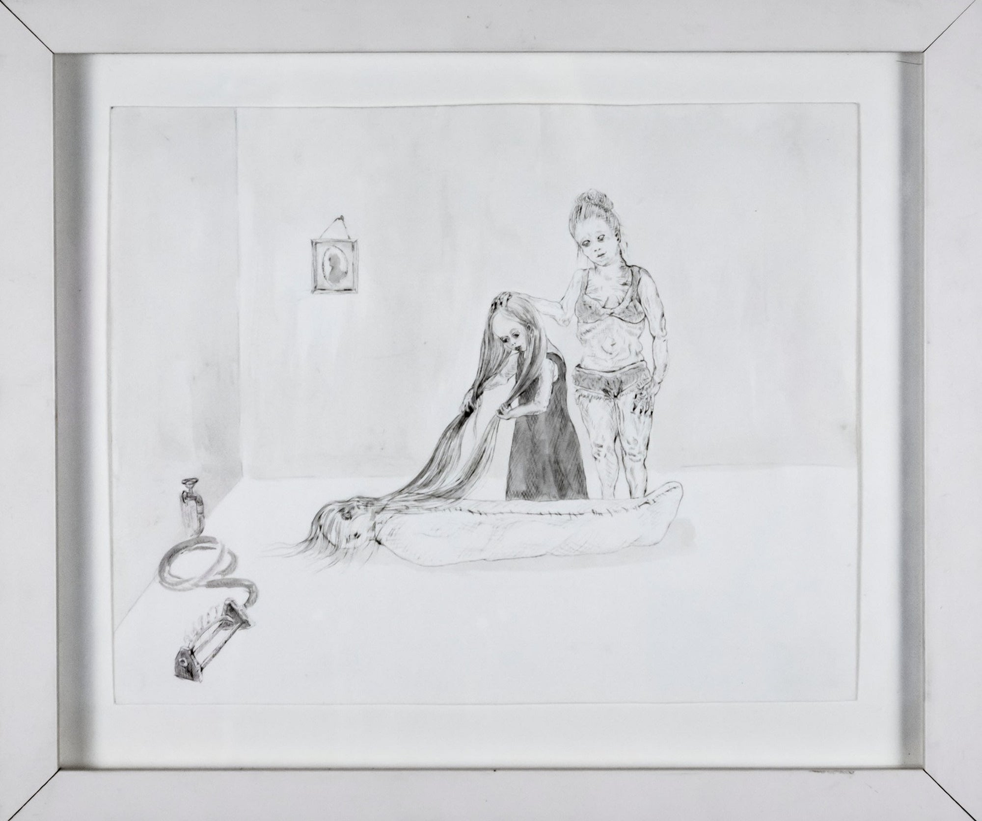 Candice Lin, Untitled, graphite and ink on paper, seated figure in flowing drapery with cameo portrait and serpentine form