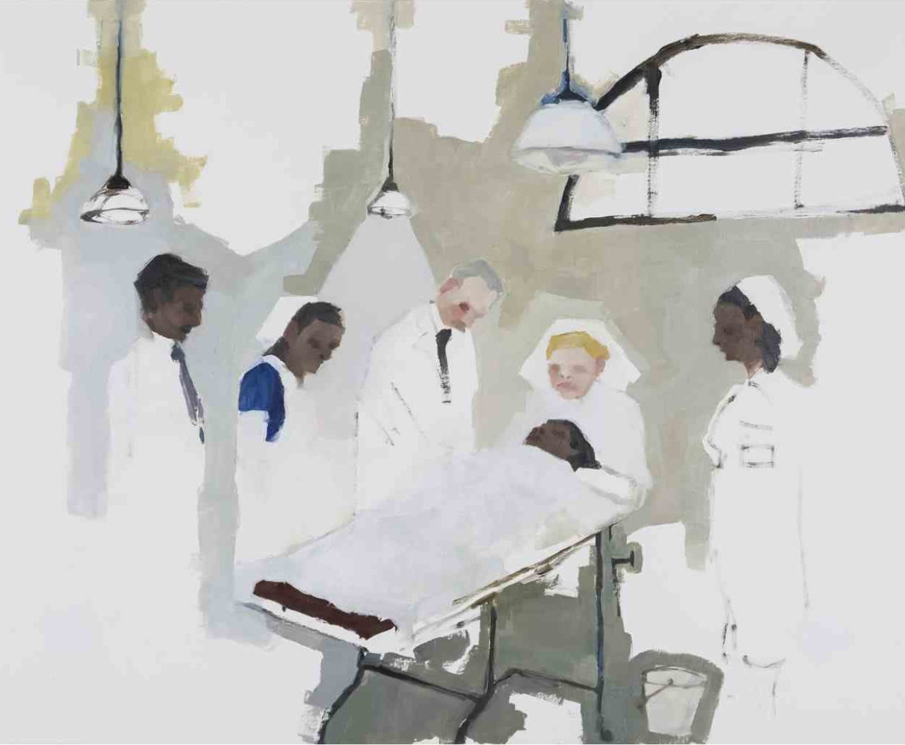 Jennie Ottinger, Untitled, acrylic on paper, figures in institutional setting with loose brushwork and muted palette