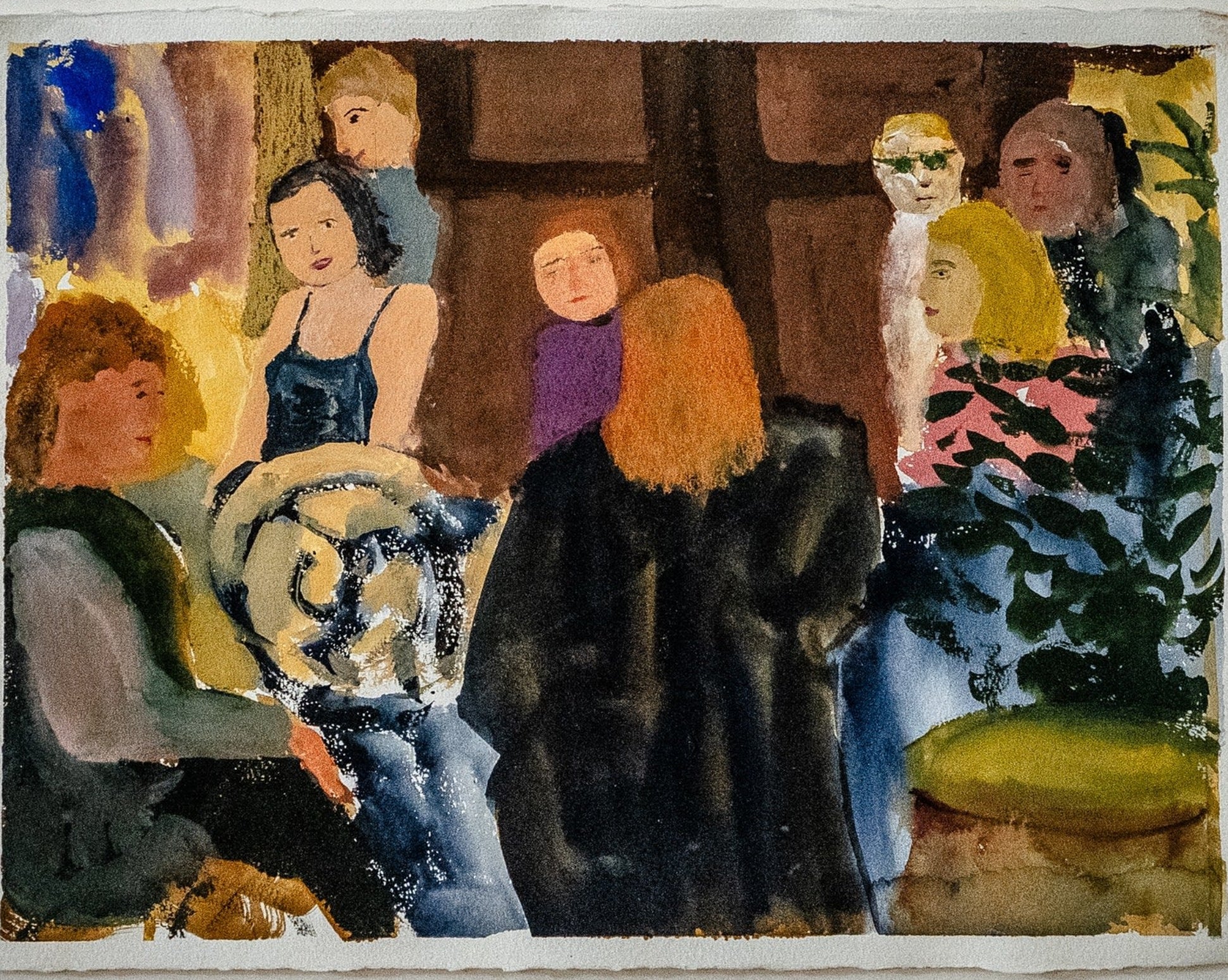 Michael Rosenthal, Lunch in Naples, watercolor on paper, figures mingling among potted plants in coral green and violet interior