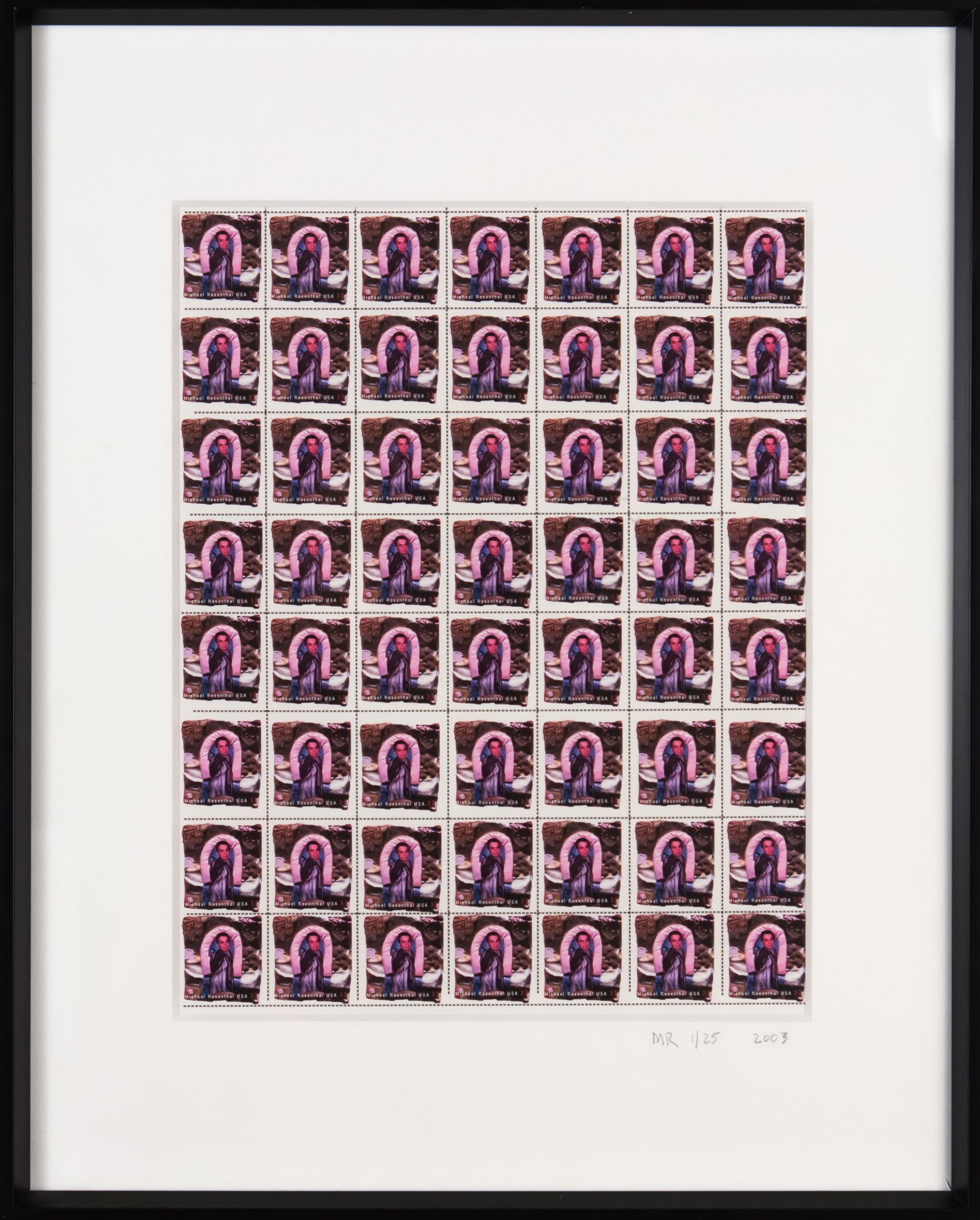 Michael Rosenthal, San Jose History, mixed media print, dense grid of repeated small figures in pink-violet like postage stamps