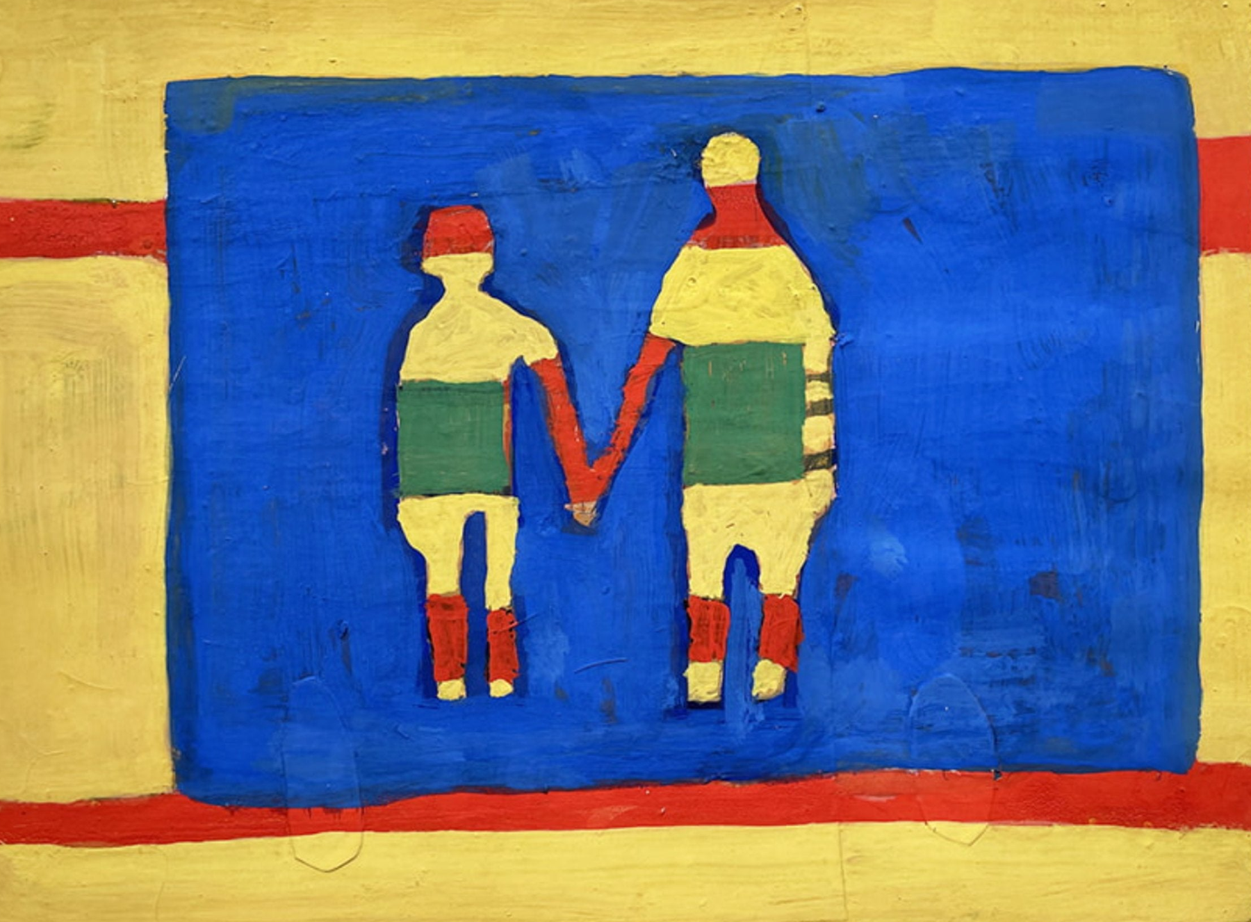 Katherine Bradford, Stripe People, work on paper, figures rendered with horizontal stripes