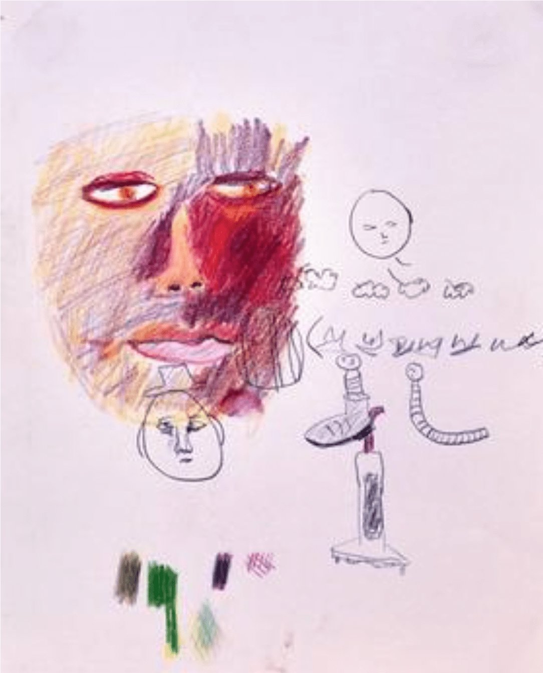 Michael Rosenthal, Confused, work on paper, large face in red yellow and violet crayon with scattered smaller drawings