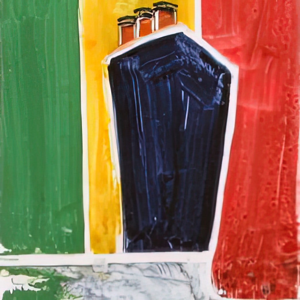Katherine Bradford, Steamboat G Y Long Red Monotype, watercolor monotype, dark vessel silhouette against saturated green yellow and red
