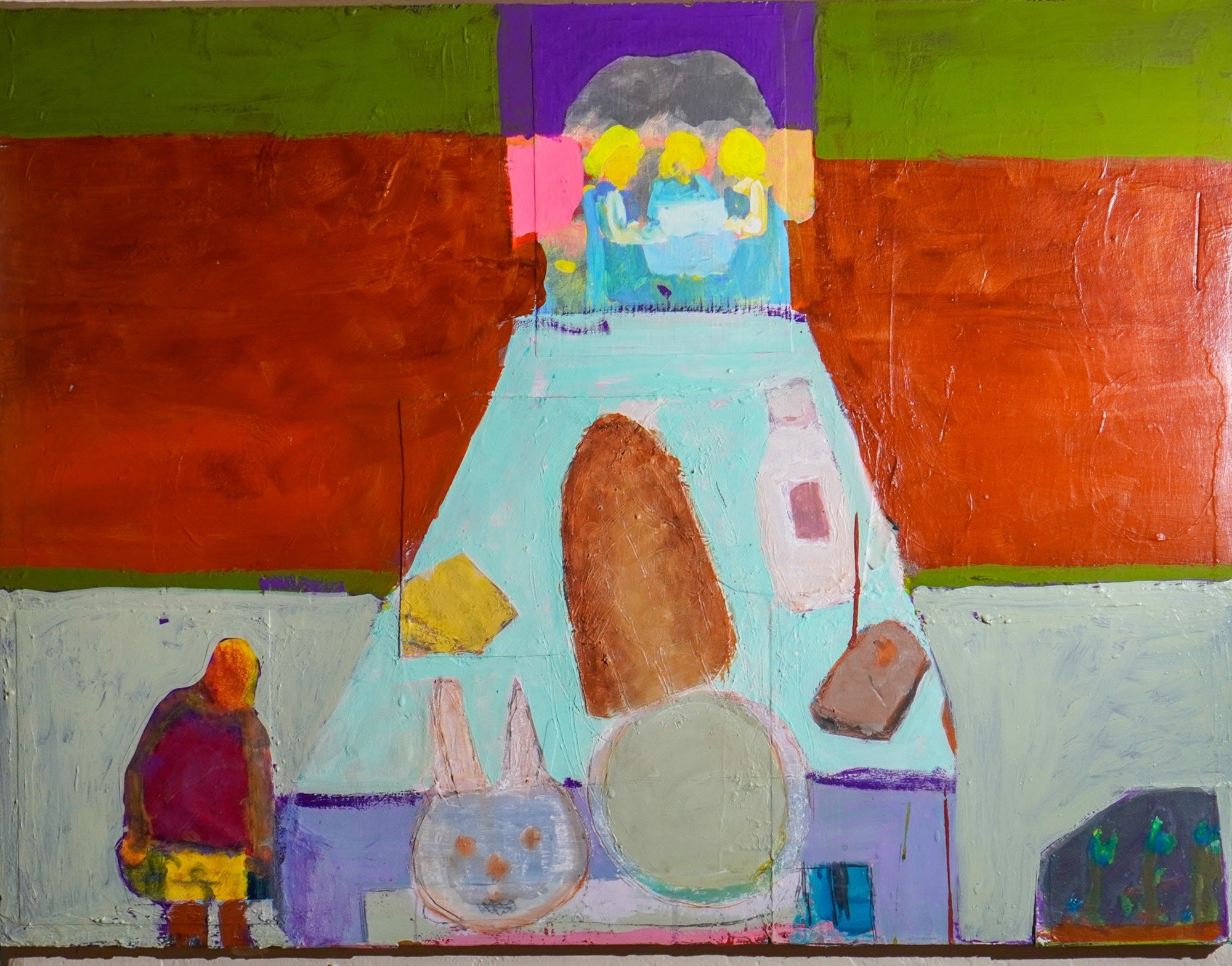 Abstract artwork with colorful shapes and figures on a green and red background